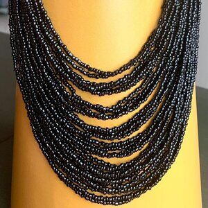 Versatile Woven Beige & Multistrand Black Glass Beaded Statement Necklace New